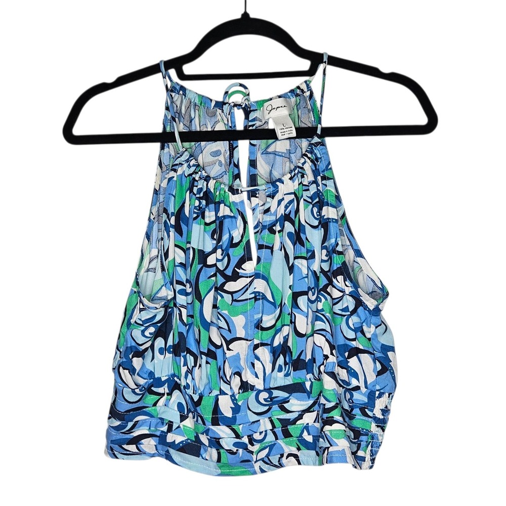 Japna NWOT Halter Top Sleeveless Keyhole Blue Green Abstract Print Blouse L